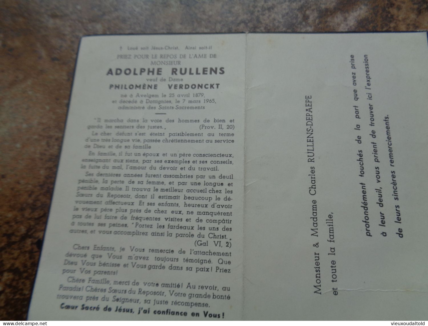 --Doodsprentje/Bidprentje  ADOLPHE RULLENS   Avelgem 1879-1965 Dottignies  (Vf Philomène VERDONCKT) - Religion & Esotérisme