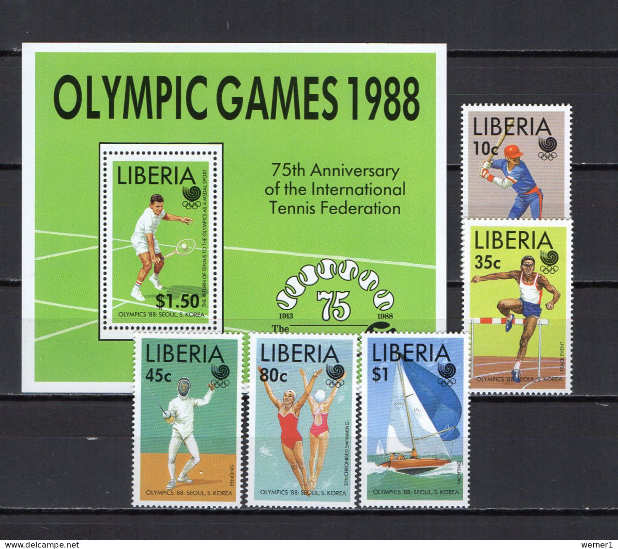 Liberia 1988 Olympic Games Seoul, Tennis, Baseball, Fencing Etc. Set Of 5 + S/s MNH - Sommer 1988: Seoul