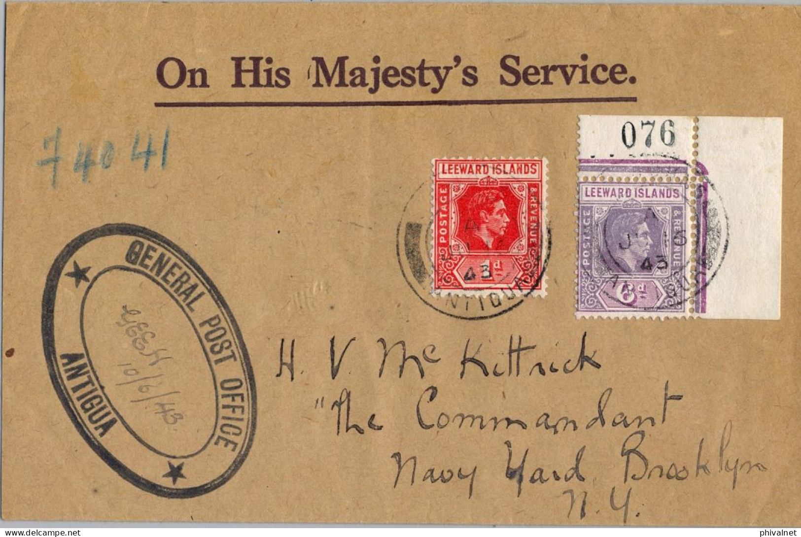 1943 LEEWARD ISLANDS , ANTIGUA - BROOKLYN  , SOBRE CIRCULADO , LLEGADA  AL DORSO , YV. 91 , 96 - GEORGE VI - Leeward  Islands