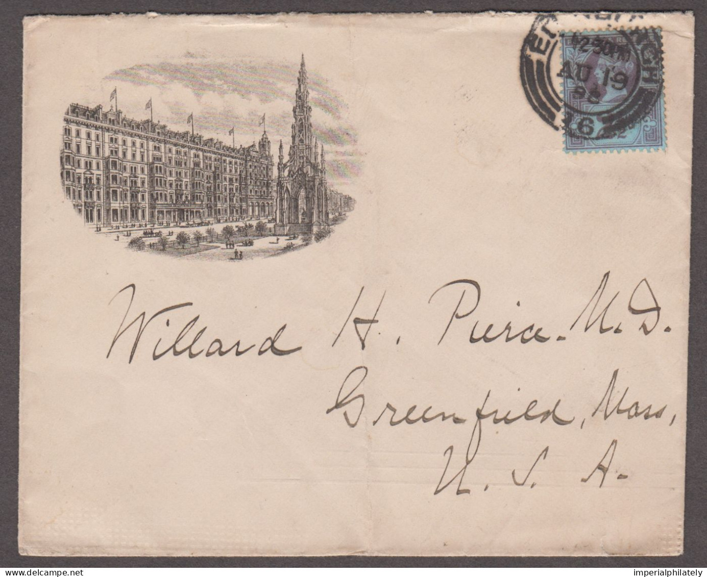 1898 Royal Hotel, Edinburgh, Advertising Cover Depicting Scott Monument On Princes Street, With 1887 2 1/2d Jubilee - Lettres & Documents