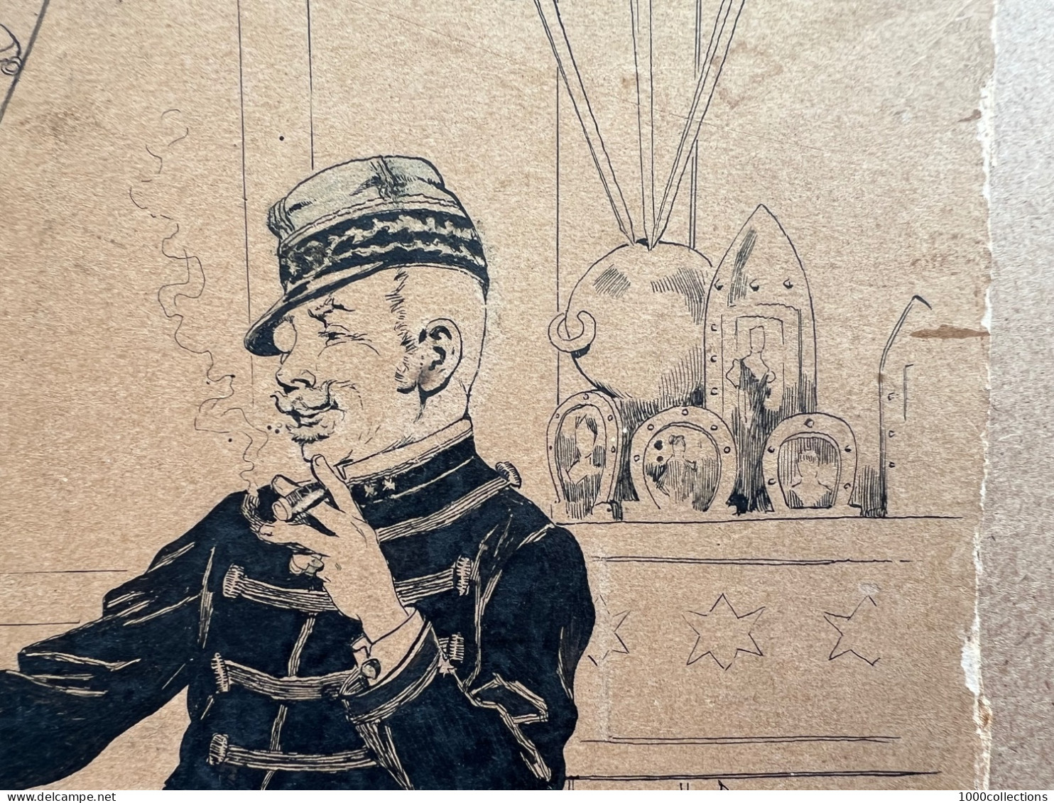 • Beau Dessin Original Signé JOB • Encre Et Crayon Bleu Sur Carton • Officier Infanterie Napoléon III ? • Ca 1890 • - Drawings