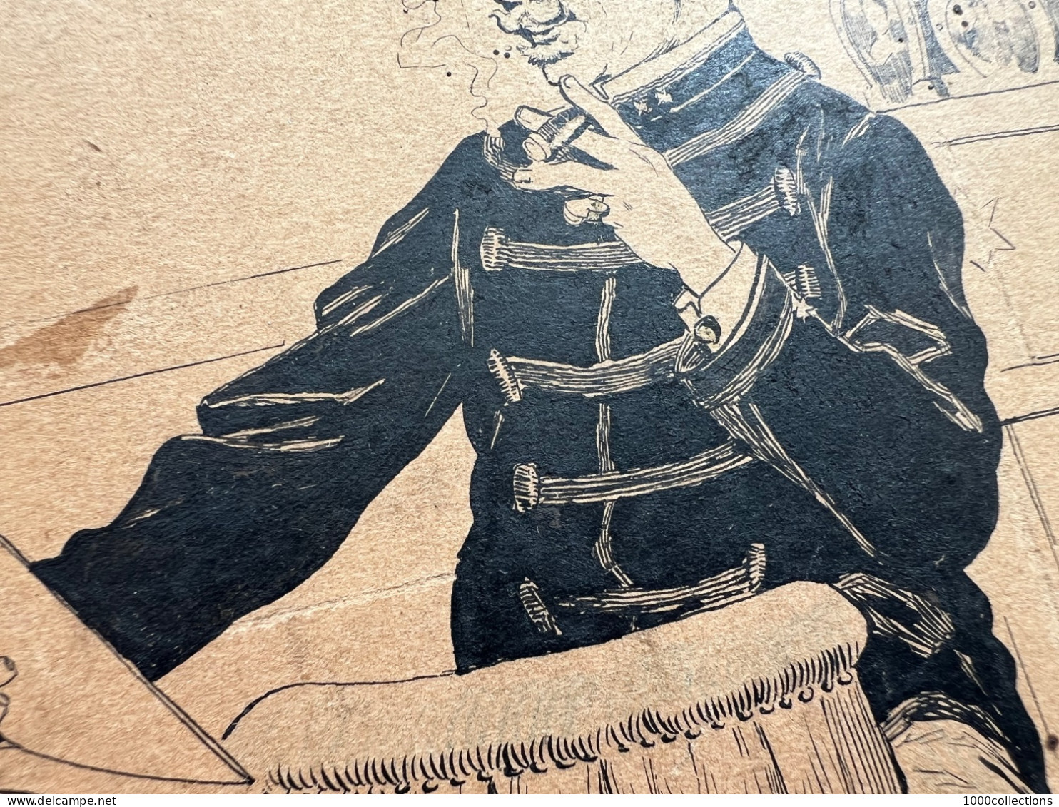 • Beau dessin original signé JOB • Encre et crayon bleu sur carton • Officier Infanterie Napoléon III ? • ca 1890 •