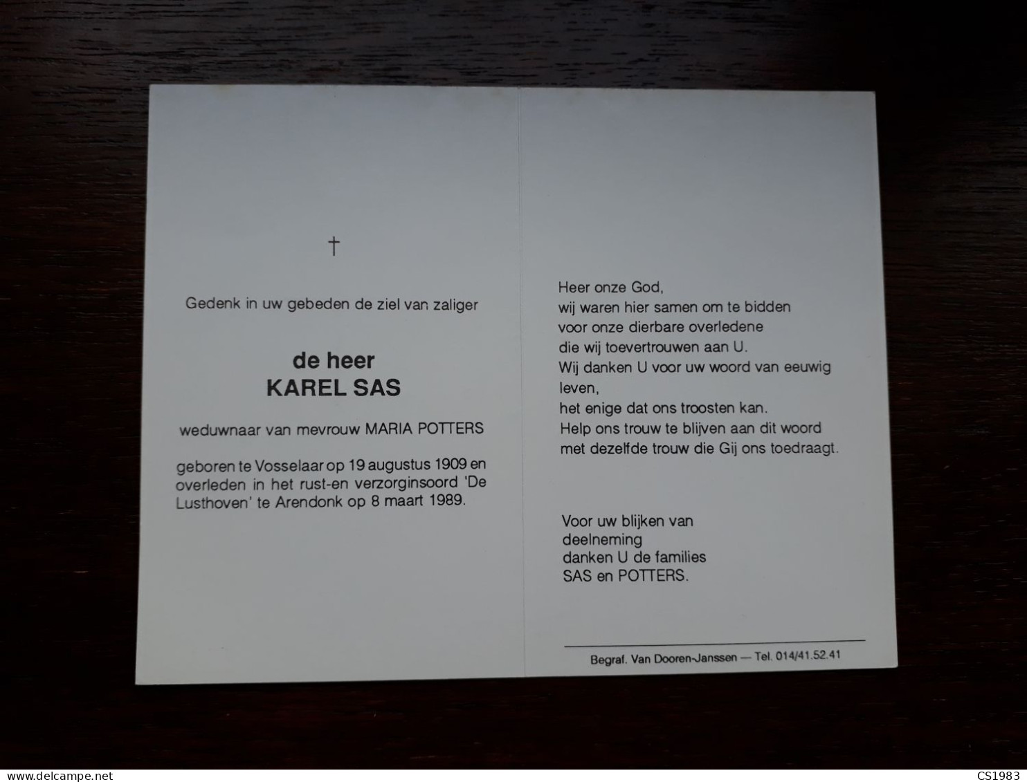 Karel Sas ° Vosselaar 1909 + Arendonk 1989 X Maria Potters - Décès