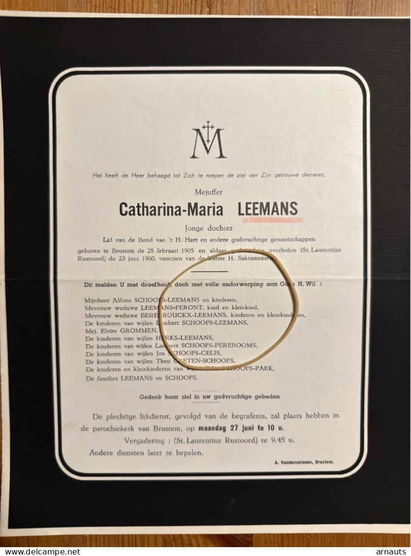 Mejuffer Catherina-Maria Leemans *1905 Brustem +1960 Brustem Schoofs Grommen Creten Herks Berebrouckx Feront Paek Celis - Décès