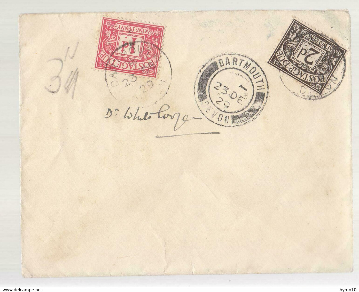 1929 UK Cover From DARTMOUTH+1 P.+2 P POSATGE DUE-PP41 - Storia Postale