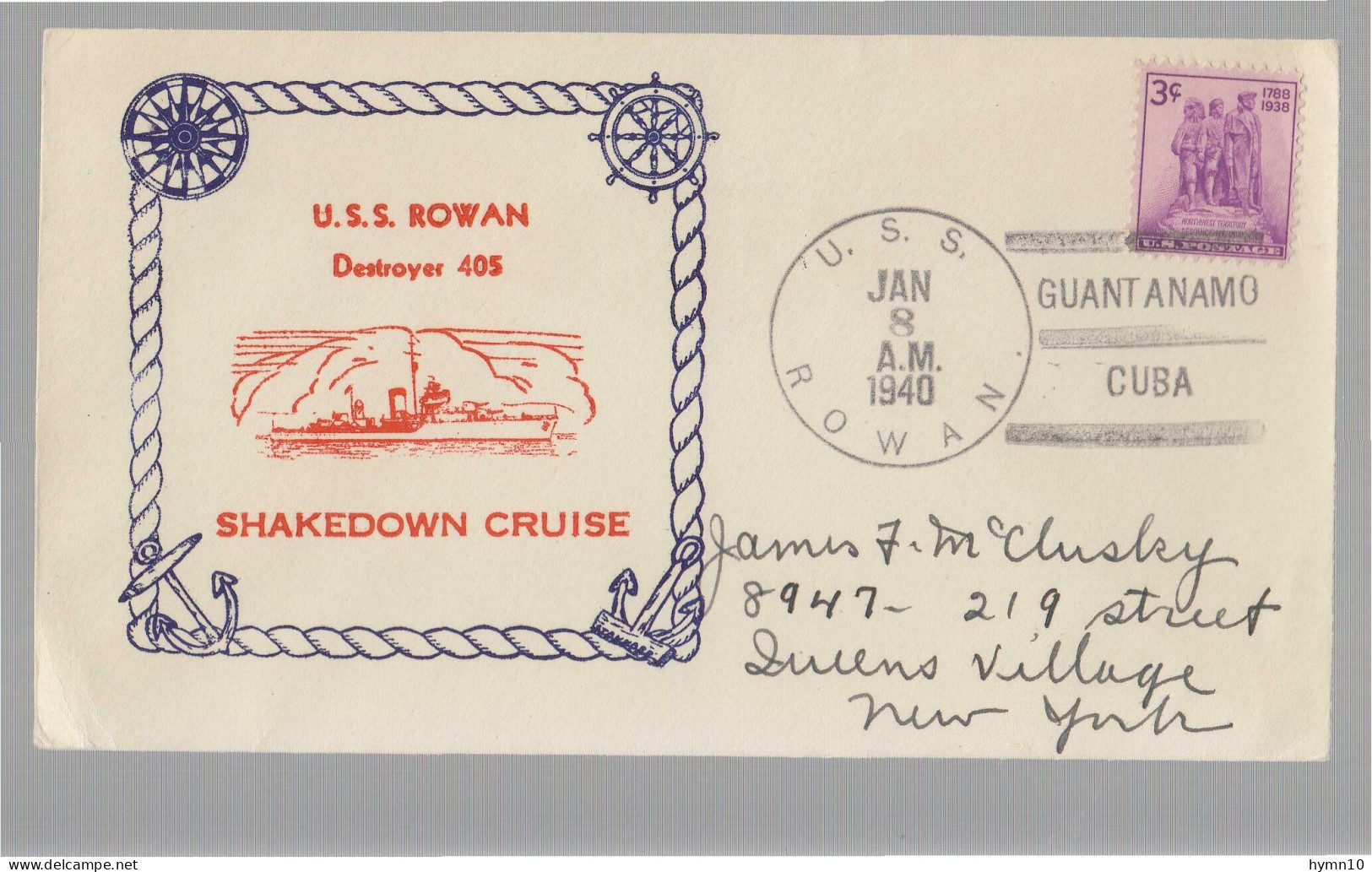 U.S.A.1940 Cover SHAKDOWN CRUISE U.S.S. ROWAN DESTROYER 405+GUANTANAMO Canc-B934 - Covers & Documents
