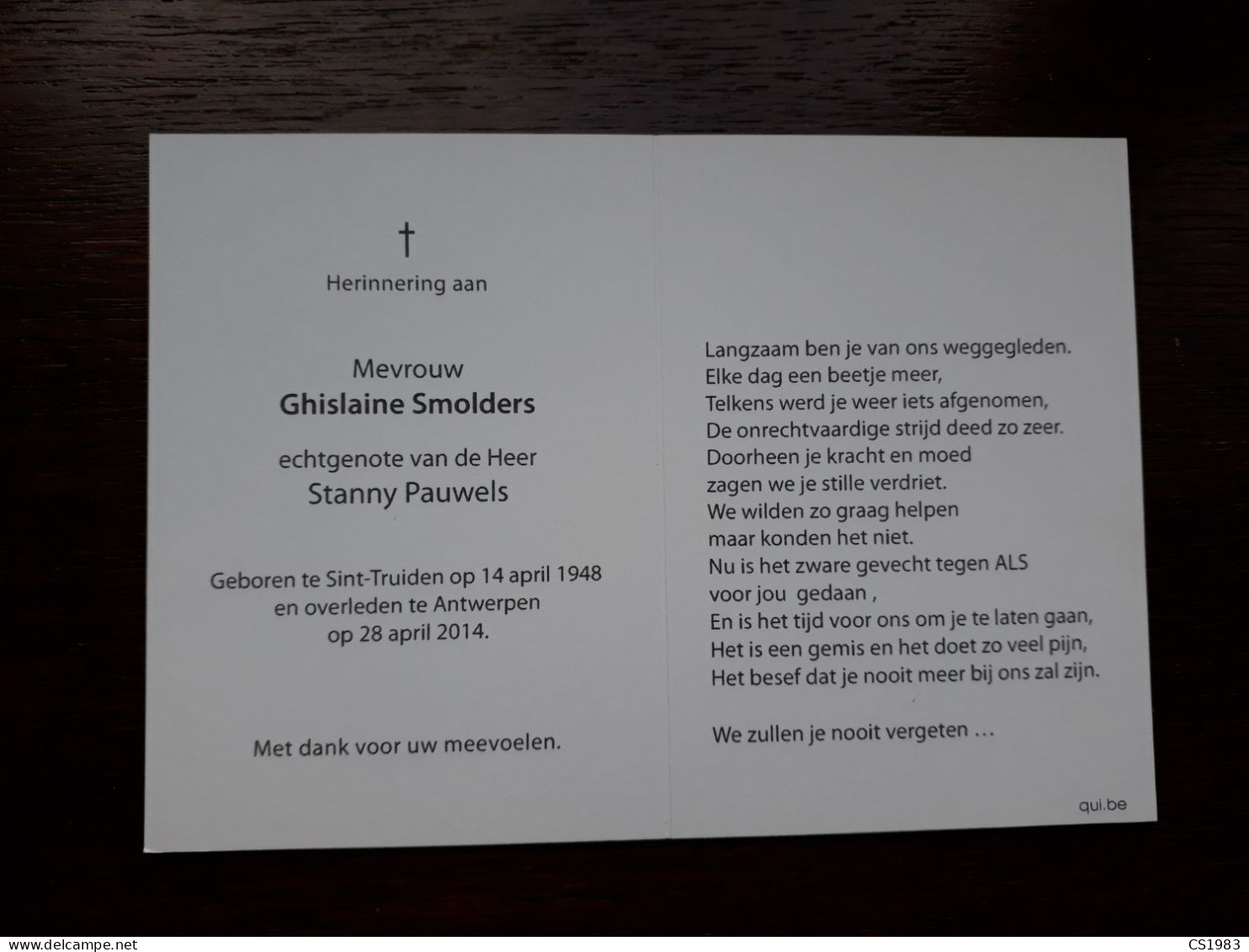 Ghislaine Smolders ° Sint-Truiden 1948 + Antwerpen 2014 X Stanny Pauwels - Avvisi Di Necrologio