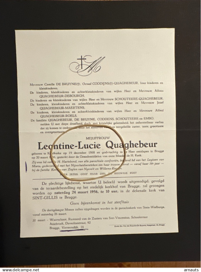 Mejuffrouw Leontine-Lucie Quaghebeur *1868 Koolkerke +1956 Brugge Dienst Bij Fam. Kervyn Van Zuylen Van Nyevelt Maertens - Avvisi Di Necrologio