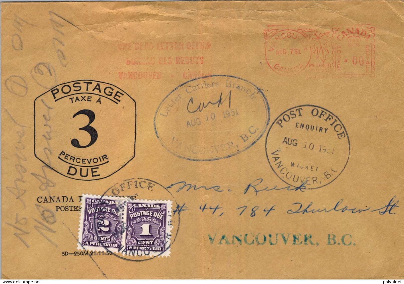 1951 CANADA , VANCOUVER INTERIOR , LETTER CARRIERS BRANCH , SOBRE TASADO , TAXE , TAX " ENQUIRY / POST OFFICE / WICKET " - Covers & Documents