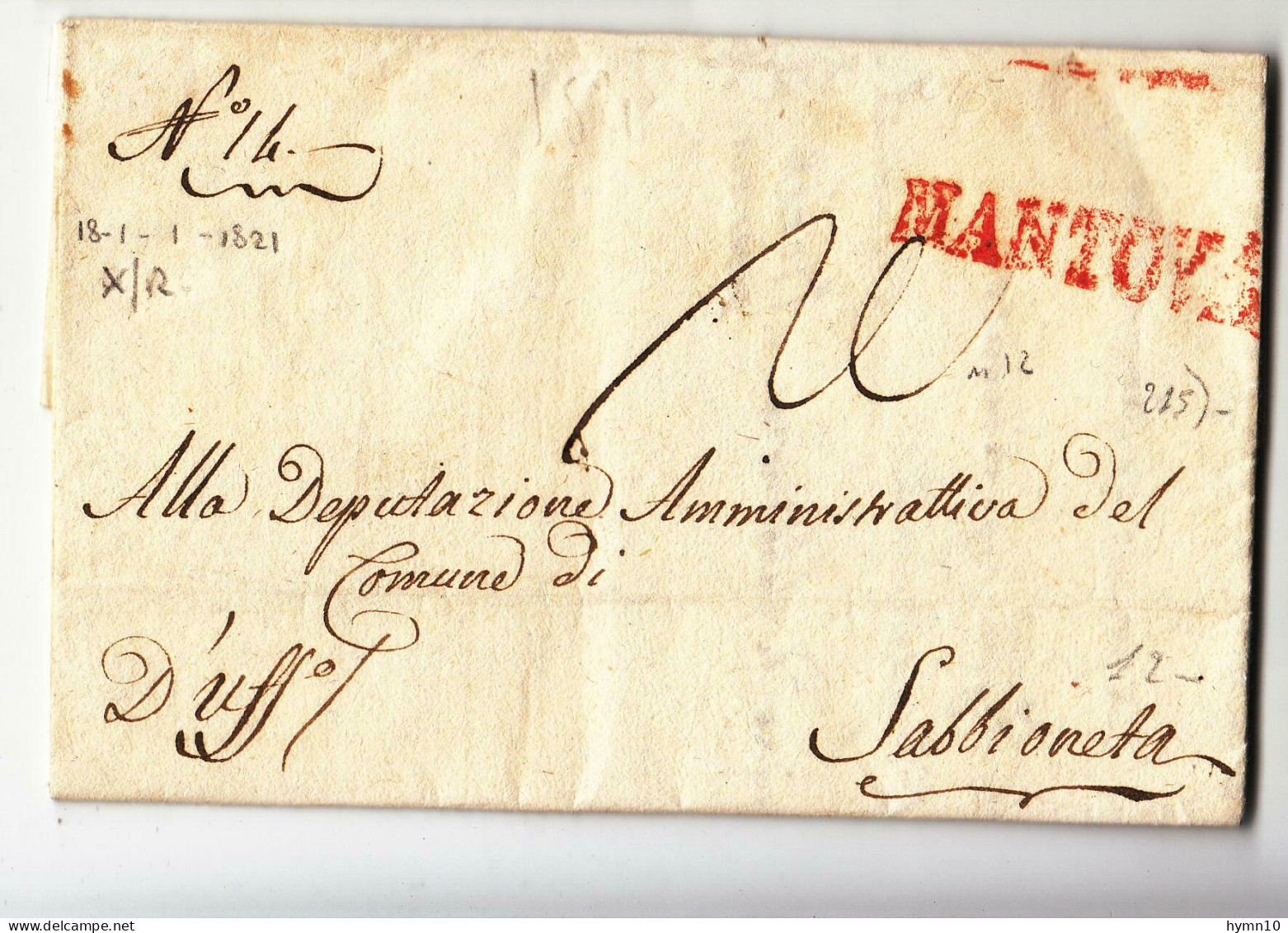 1821 LOMBARDO-VENETO Lettera MANTOVA-SABBIONERA*lineare ROSSO MANTOVA+20 KREUZER Tassa-D869 - ...-1850 Préphilatélie