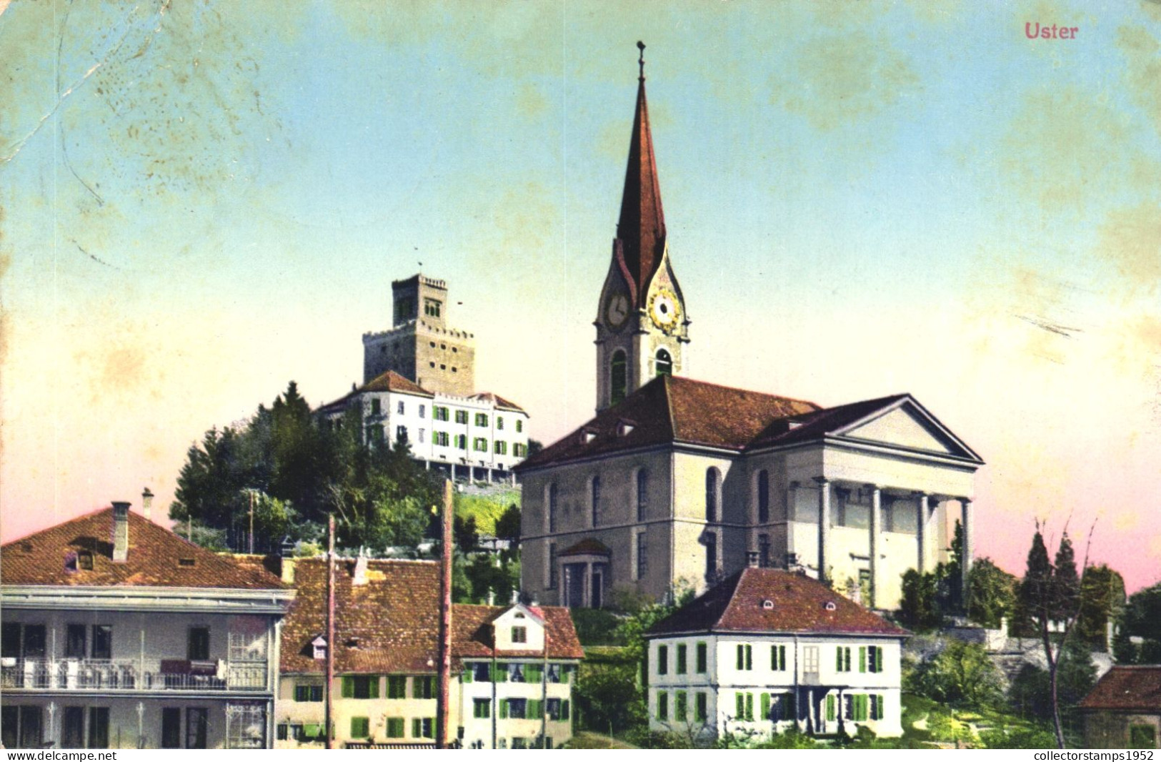 USTER, ZURICH, ARCHITECTURE, CHURCH, TOWER WITH CLOCK,. SWITZERLAND, POSTCARD - Uster