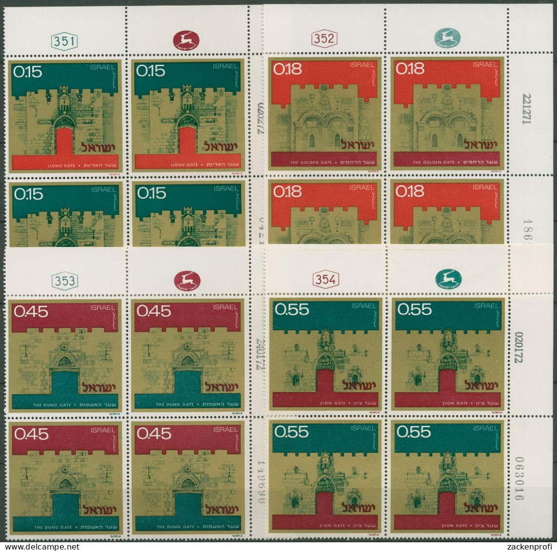 Israel 1972 Jerusalem Stadttore 552/55 Plattenblock Postfrisch (C61642) - Unused Stamps (without Tabs)