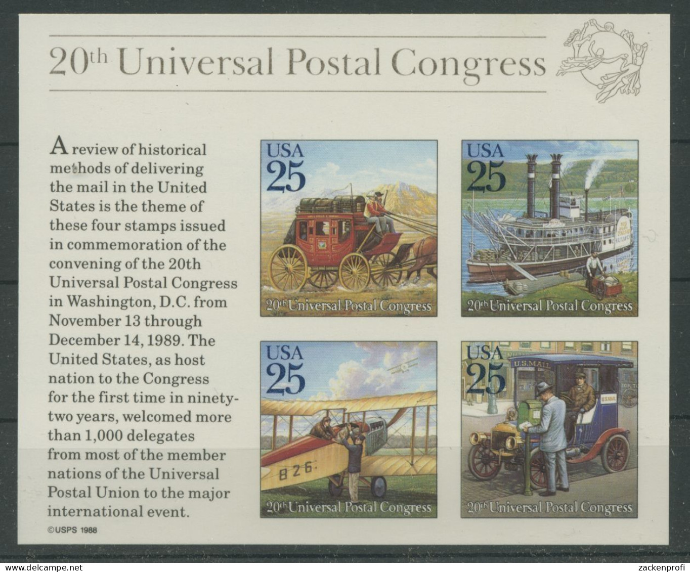 USA 1989 Weltpostverein UPU Kutsche Dampfer Block 22 Postfrisch (C22928) - Blokken & Velletjes