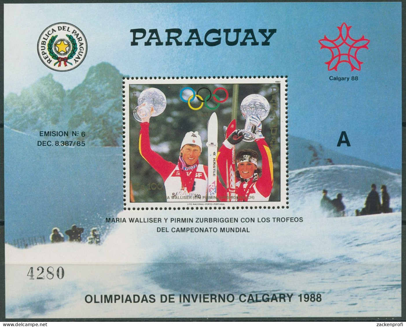 Paraguay 1987 Olympiade Calgary, Zurbriggen Block 446 Postfrisch (C80543) - Paraguay