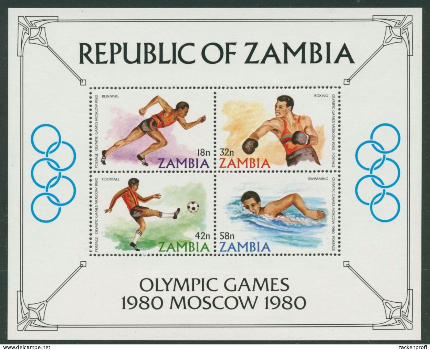 Sambia 1980 Olymp. Spiele Moskau Boxen Schwimmen Block 9 Postfrisch (C27106) - Zambie (1965-...)