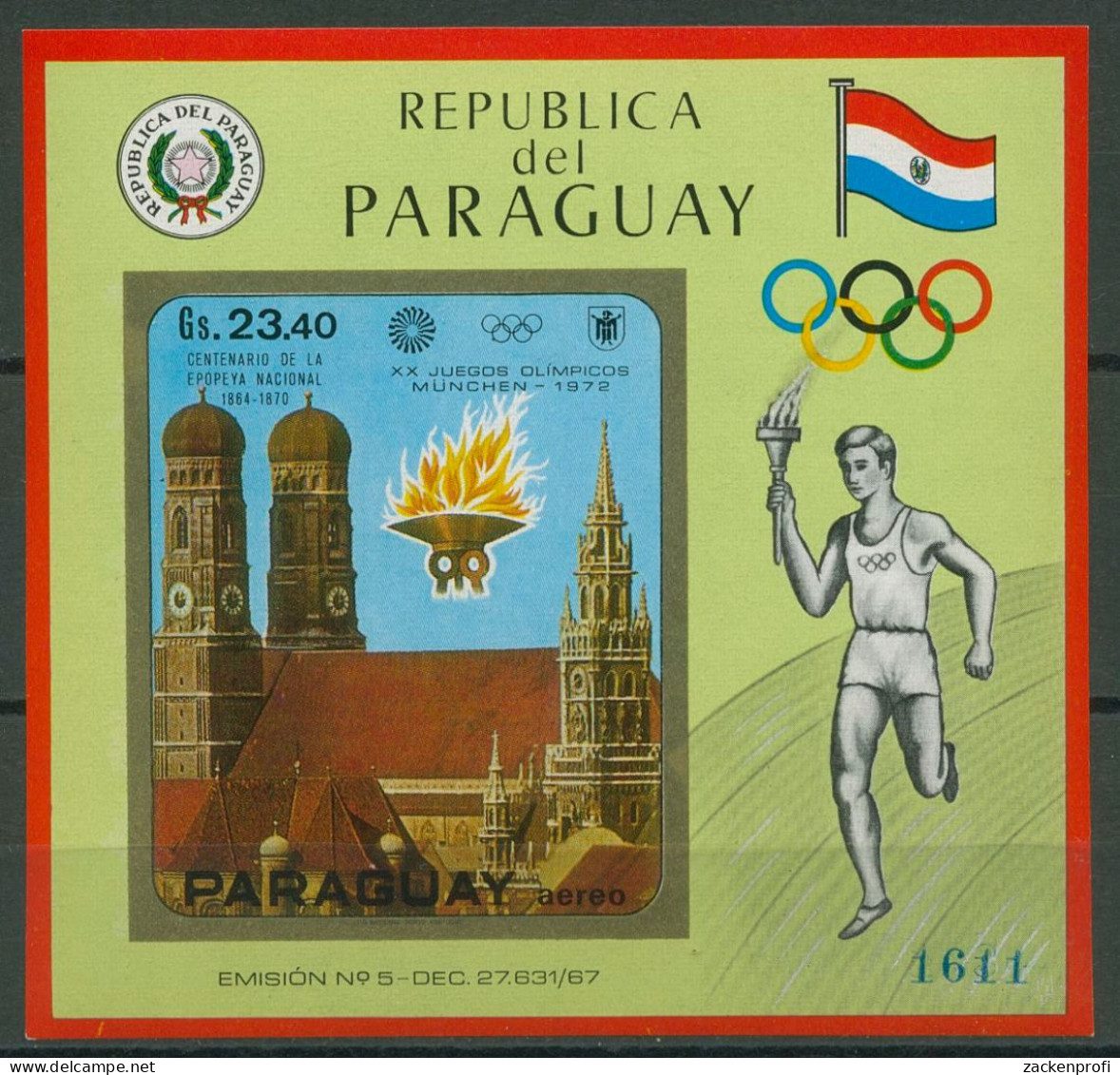 Paraguay 1970 Olympiade MÜNCHEN Frauenkirche Block 141 Postfrisch (C80516) - Paraguay