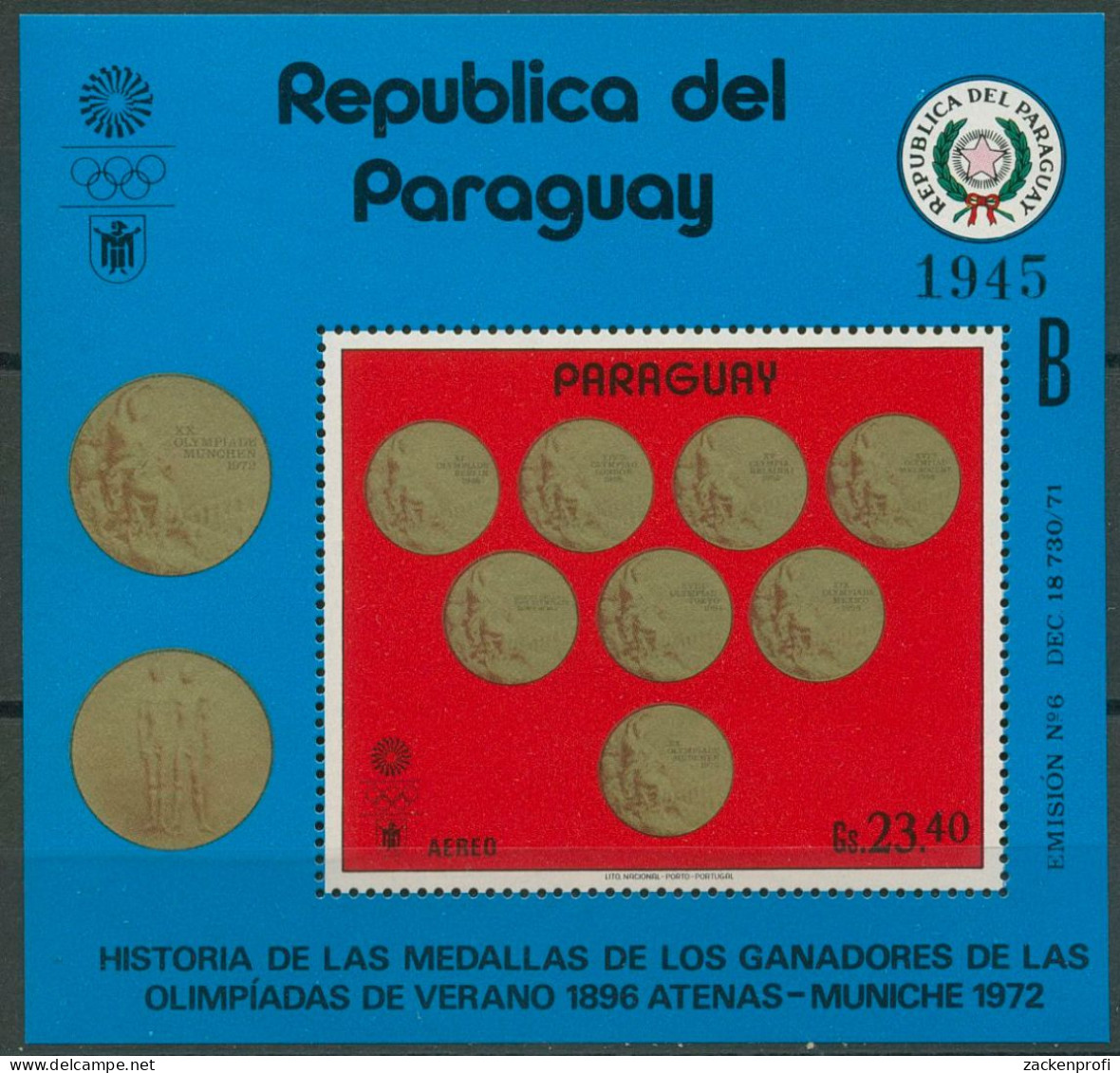 Paraguay 1972 Olympische Sommerspiele Medaillen Block 196 Postfrisch (C80524) - Paraguay