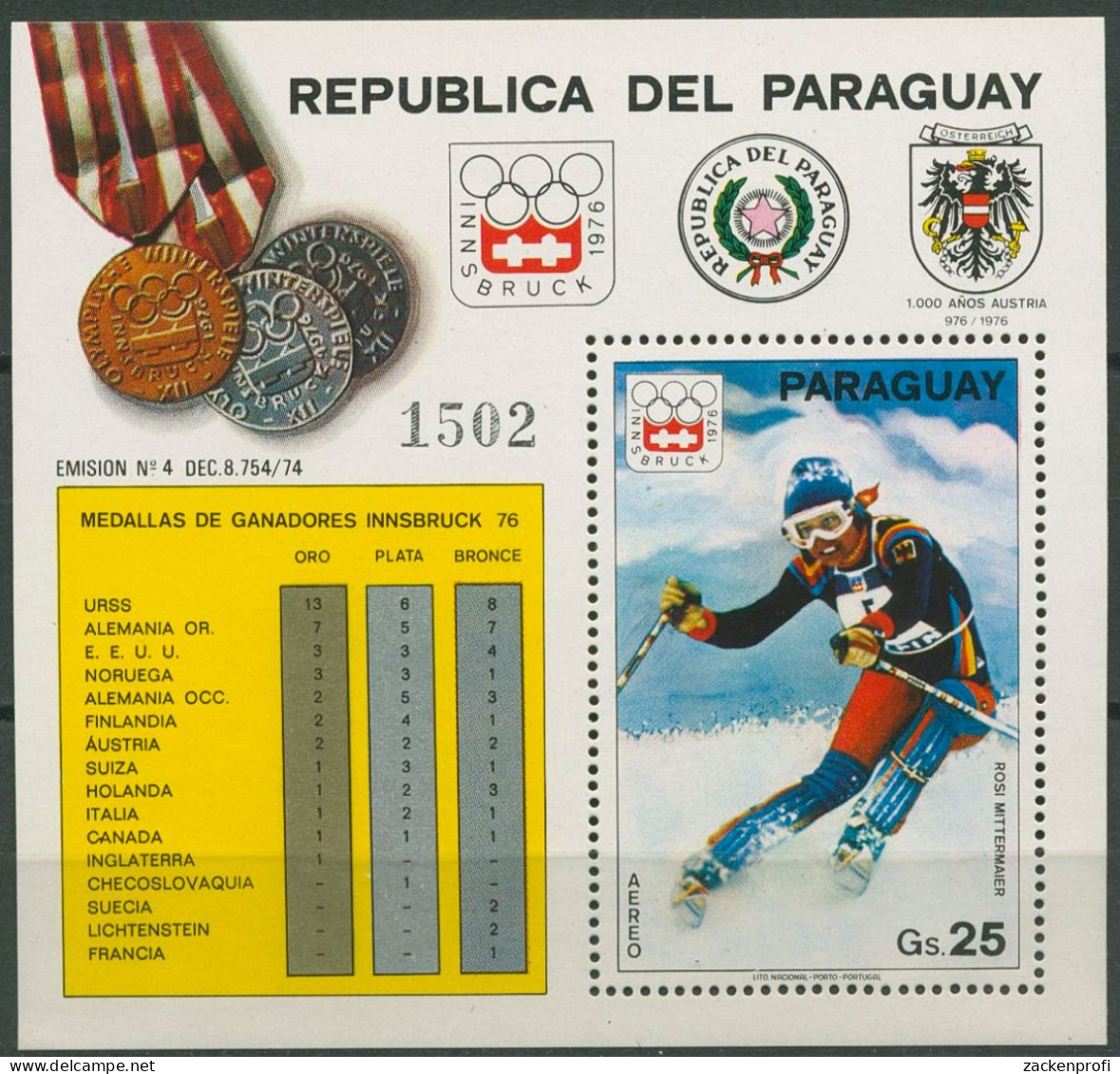 Paraguay 1976 Olympiade Innsbruck Rosi Mittermaier Block 277 Postfrisch (C80533) - Paraguay