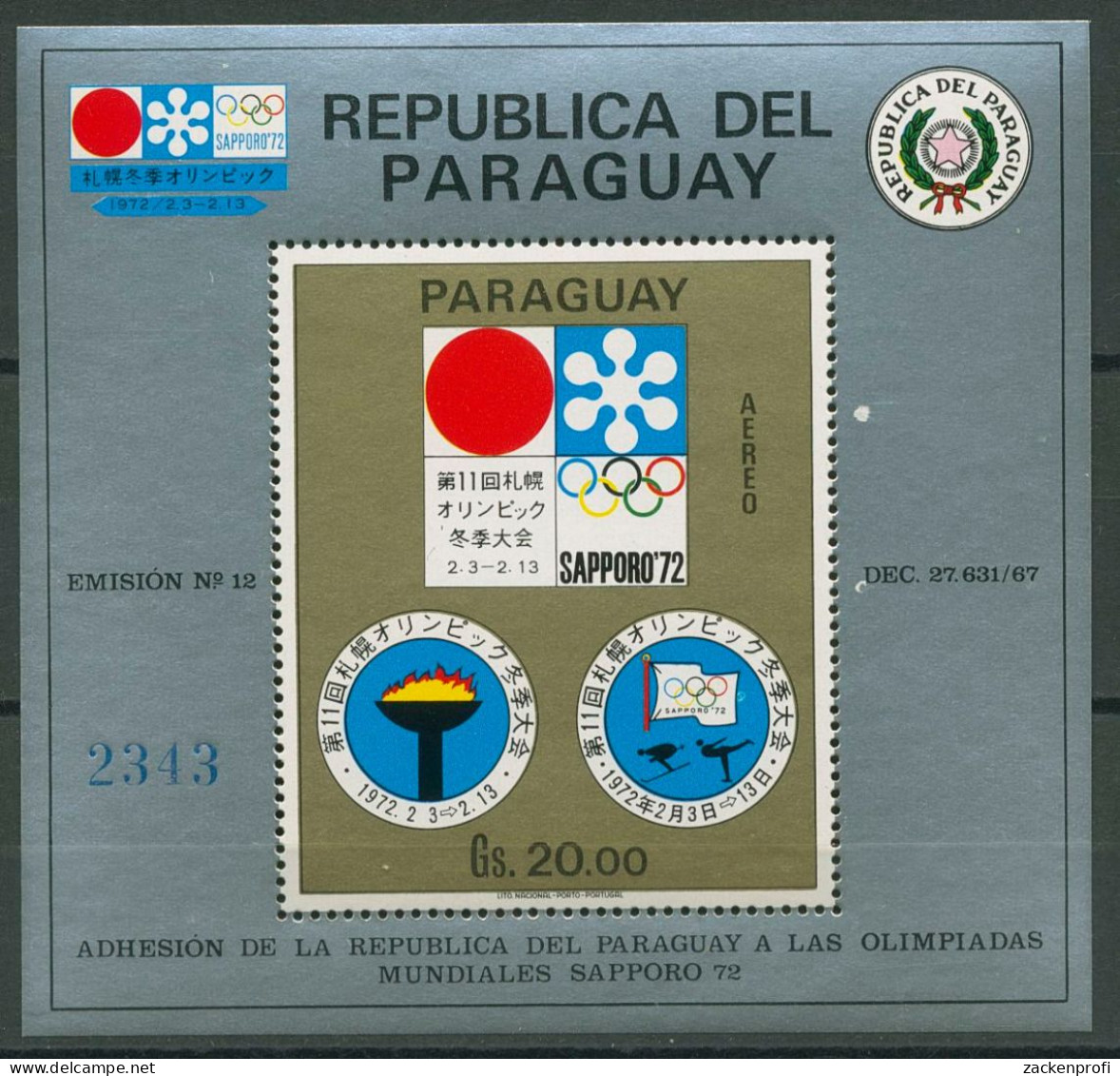 Paraguay 1970 Emblem Der Winterspiele Block 150 Postfrisch, Kl. Fehler (C80517) - Paraguay