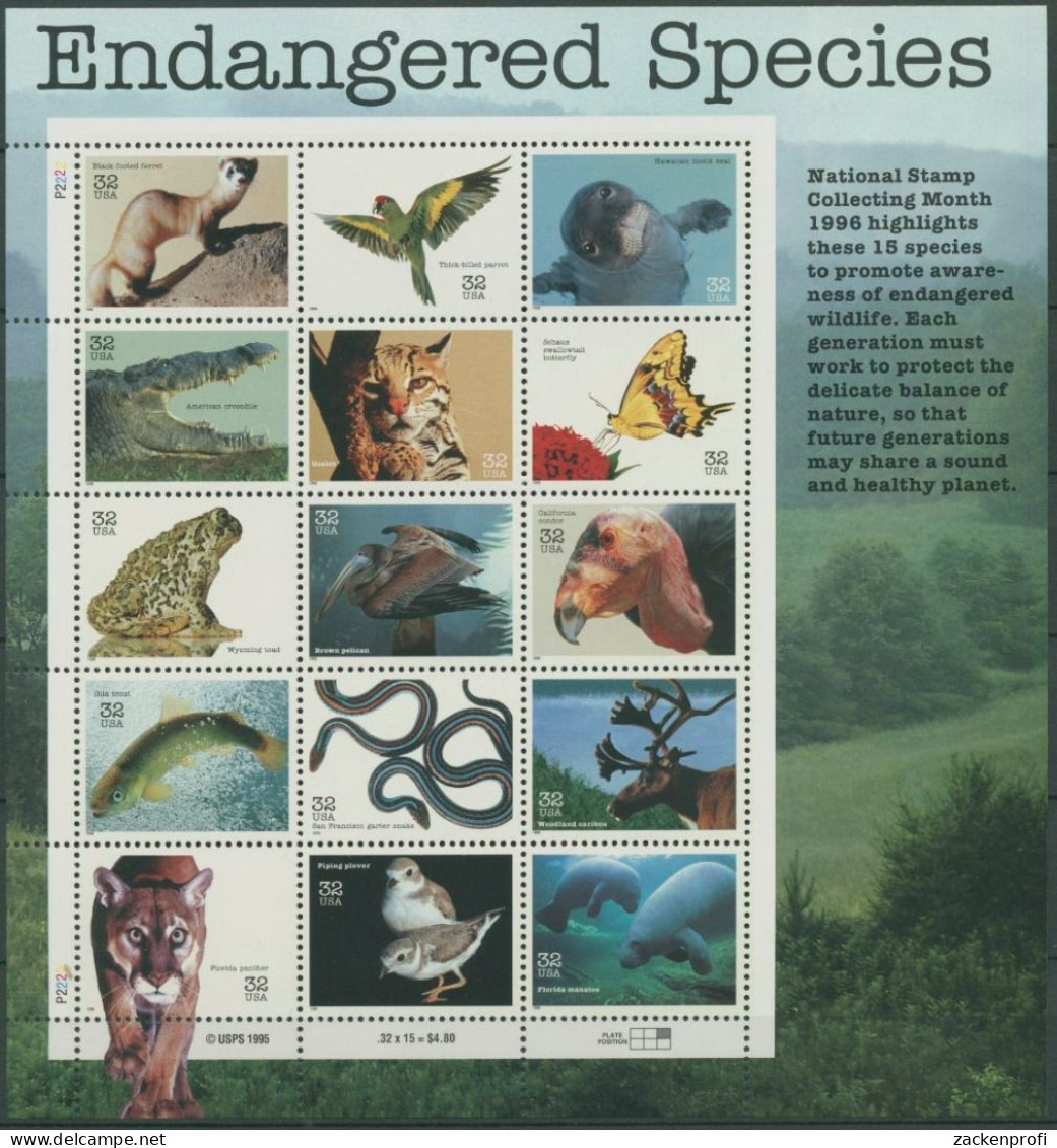 USA 1996 Gefährdete Tierarten 2769/83 ZD-Bogen Postfrisch (SG13049) - Unused Stamps