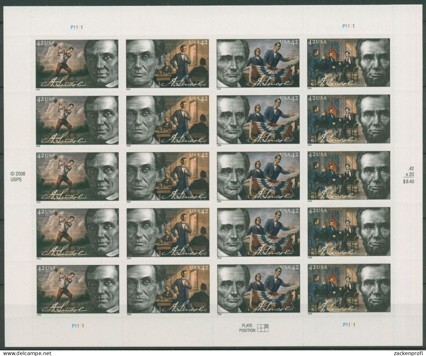 USA 2009 200. Geburtstag Abraham Lincoln 4474/77 Folienbogen Postfrisch (SG40369) - Unused Stamps