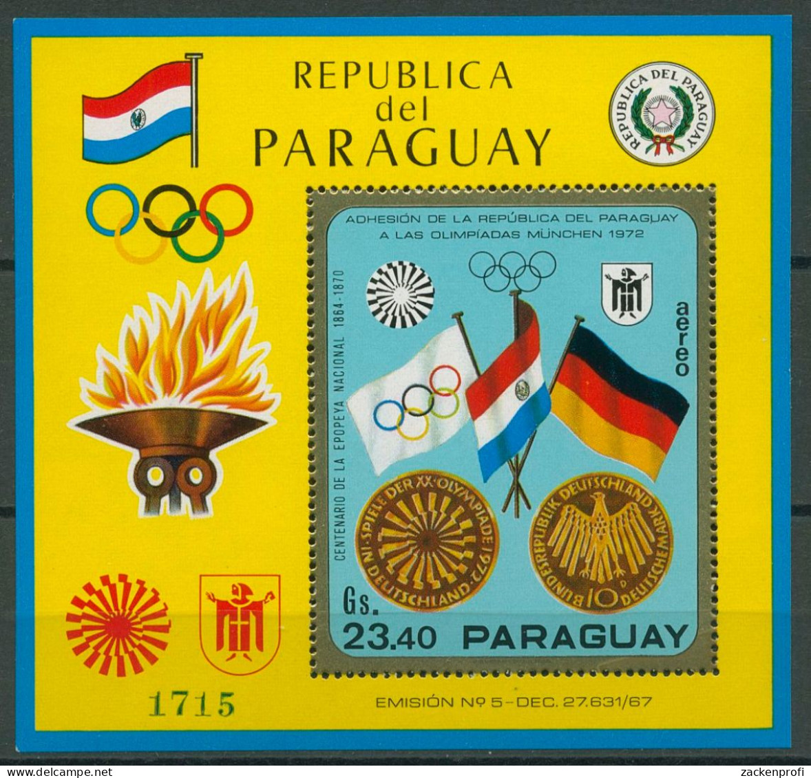 Paraguay 1970 Olympiade MÜNCHEN Block 140 Postfrisch (C80515) - Paraguay