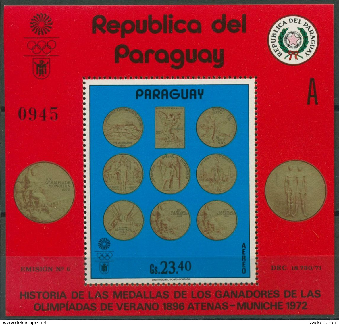 Paraguay 1972 Olympische Sommerspiele Medaillen Block 195 Postfrisch (C80523) - Paraguay