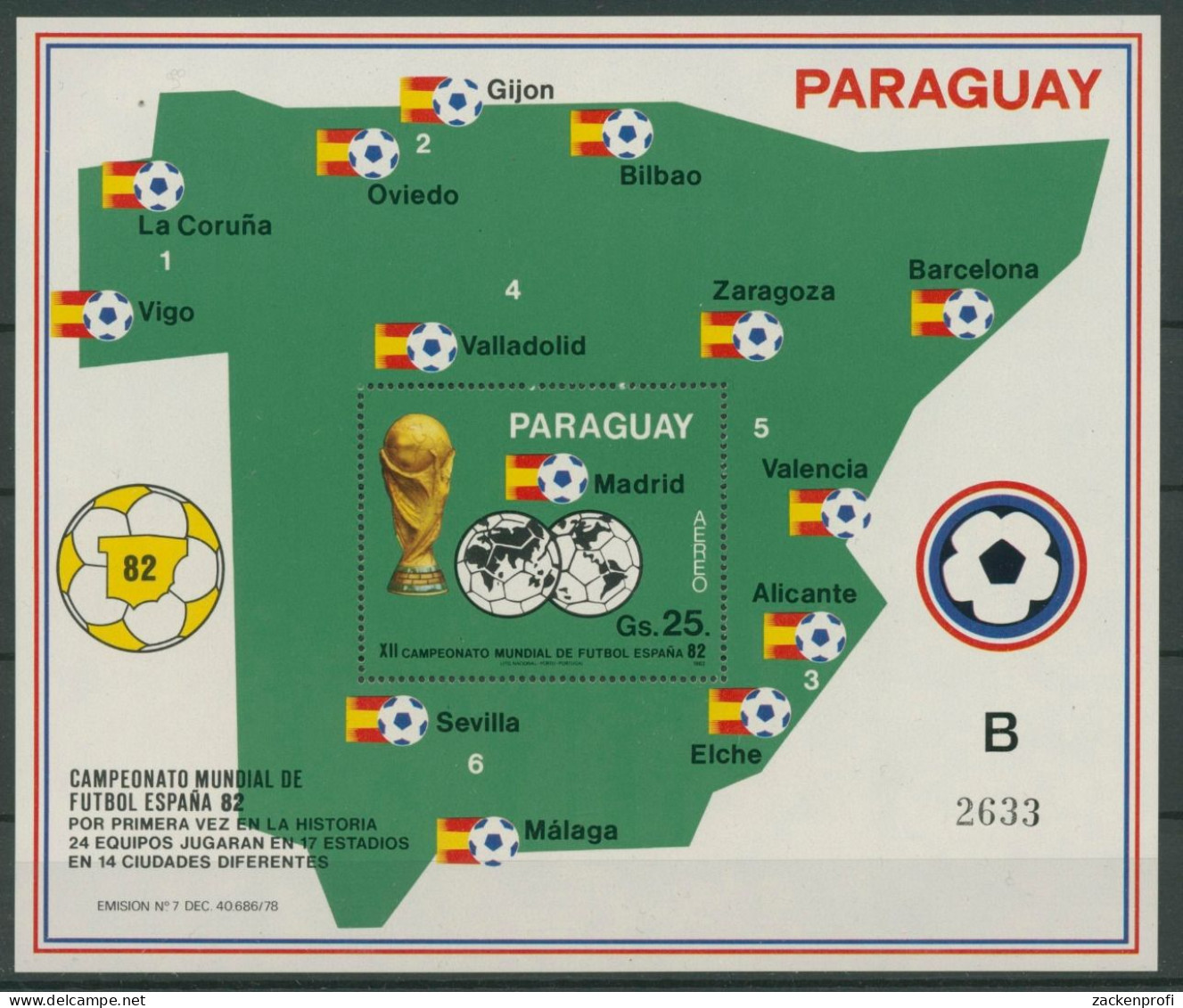 Paraguay 1982 Fußball-WM Spanien FIFA- Pokal Block 377 Postfrisch (C22674) - Paraguay