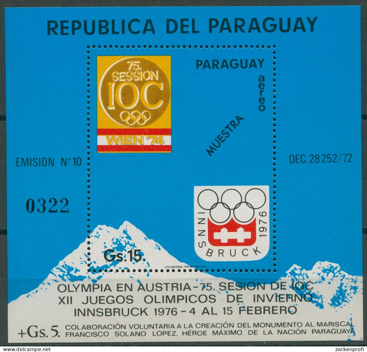 Paraguay 1974 Olympiade Innsbruck Block 232 "MUESTRA" Postfrisch (C22622) - Paraguay