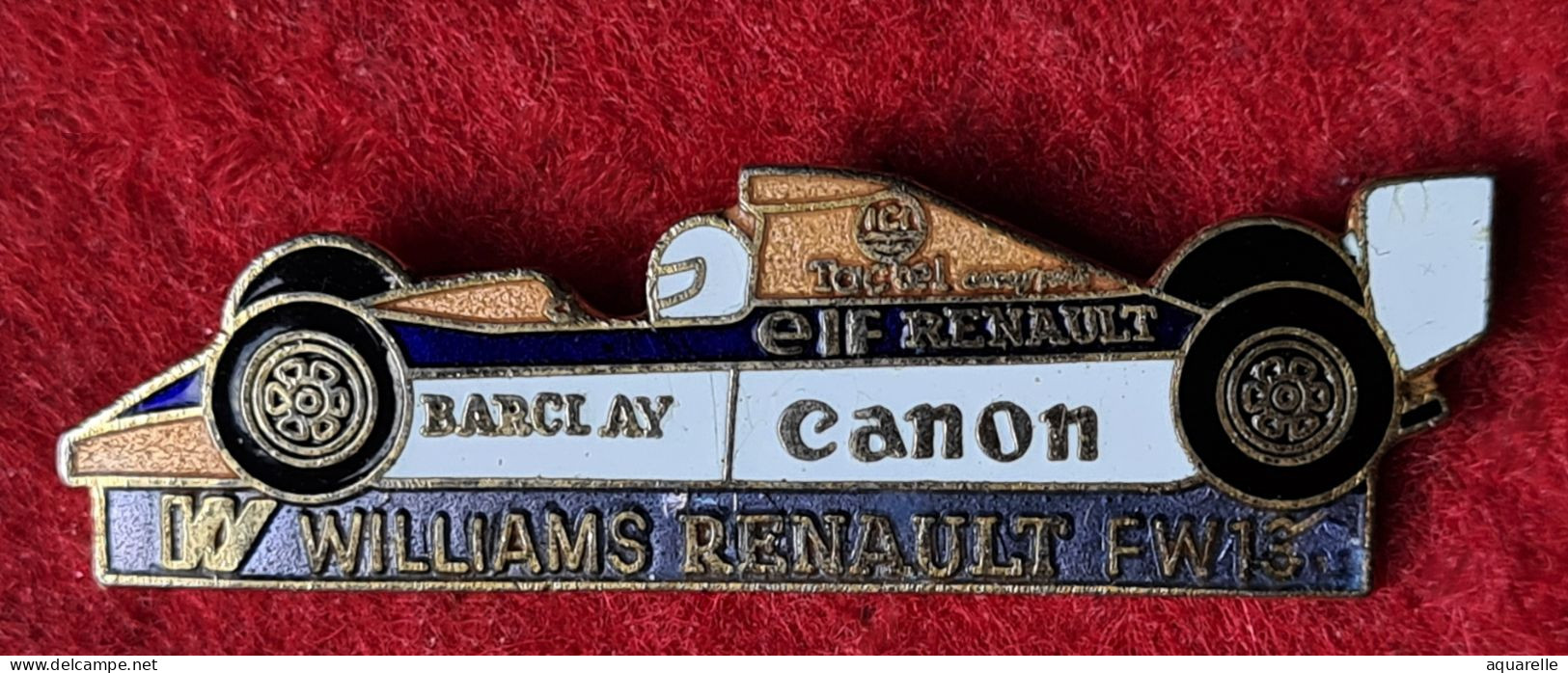 SUPER PIN'S "RENAULT WILLIAMS FW13, Sponsor CANON, CartoucheGris Bleuté, Protection Pilote Or Satiné 4,7X1,4cm - Renault