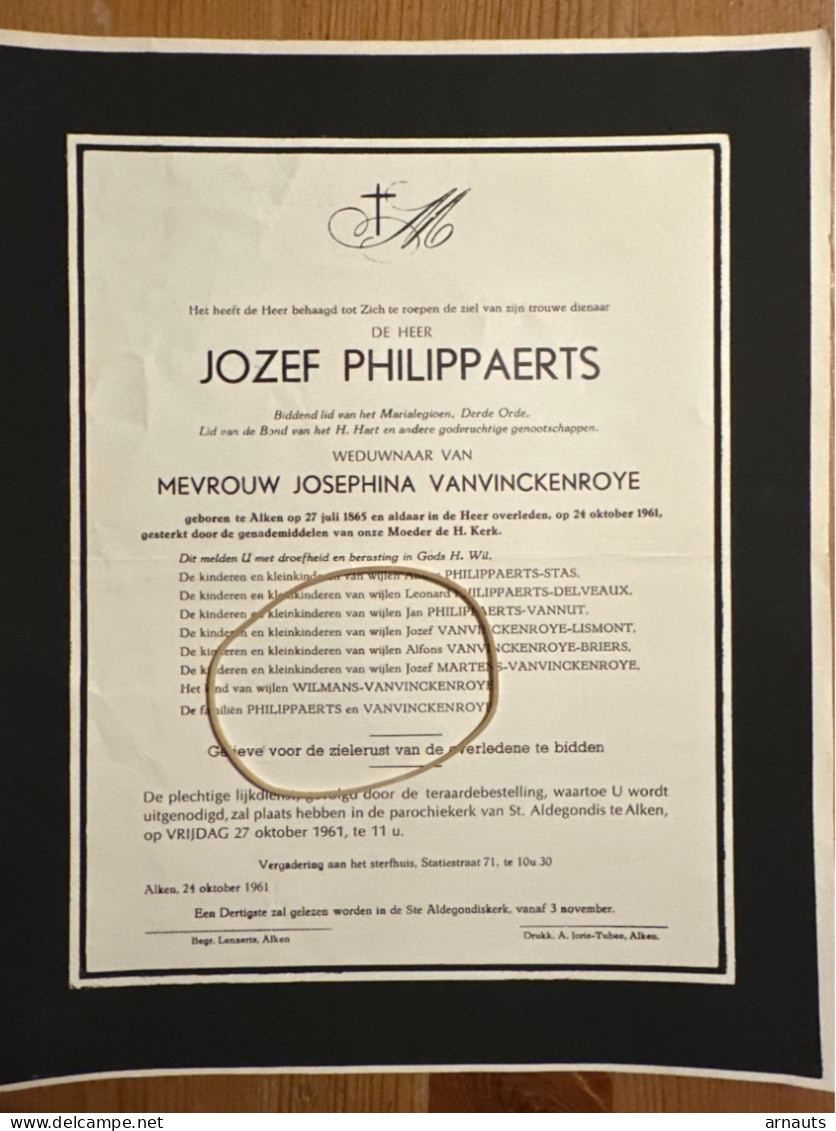 Jozef Philippaerts Wed. Vanvinckenroye Josephina *1865 Alken +1961 Alken Martens Wilmans Vannut Briers Lismont Delveaux - Todesanzeige