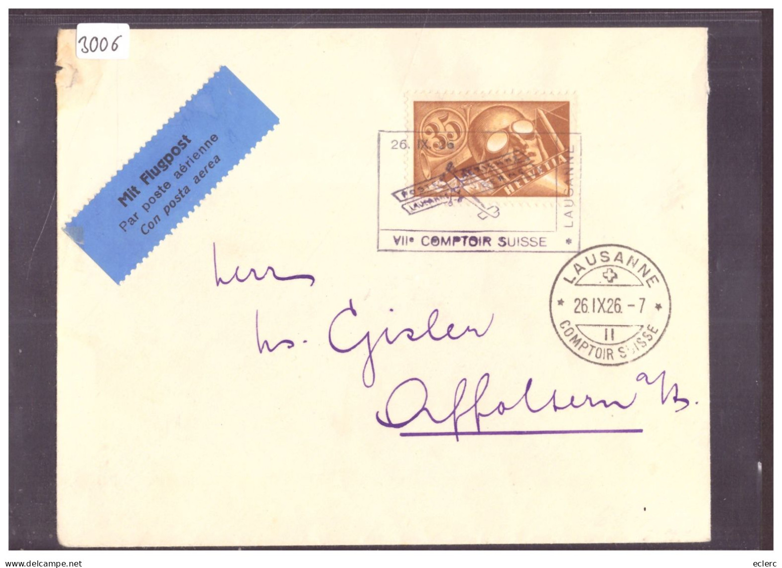 POSTE AERIENNE - LAUSANNE - BERN - VOL COMPTOIR SUISSE 1926 - Other & Unclassified