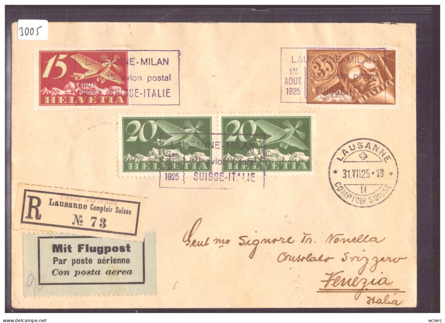 POSTE AERIENNE - LAUSANNE - MILAN - VOL SUISSE ITALIE 1925 - Andere & Zonder Classificatie