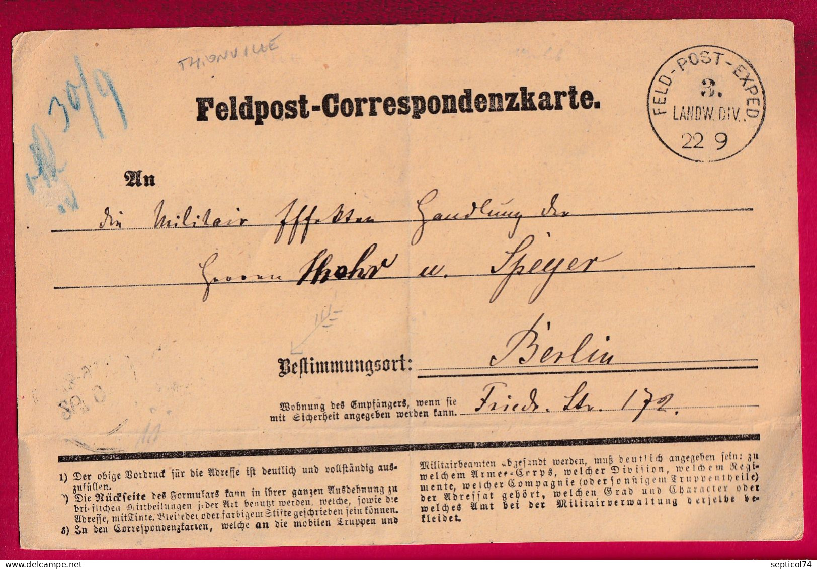 FELDPOST CORRESPONDENZKARTE DE THIONVILLE MOSELLE POUR BERLIN ALLEMAGNE LETTRE - War 1870