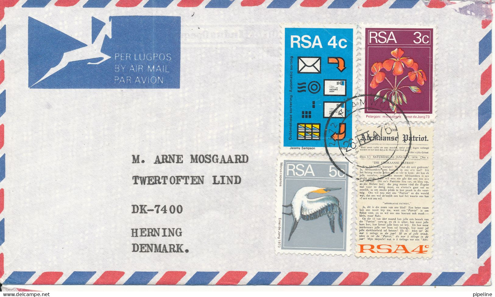 South Africa RSA Air Mail Cover Sent To Denmark 26-3-1976 - Luchtpost