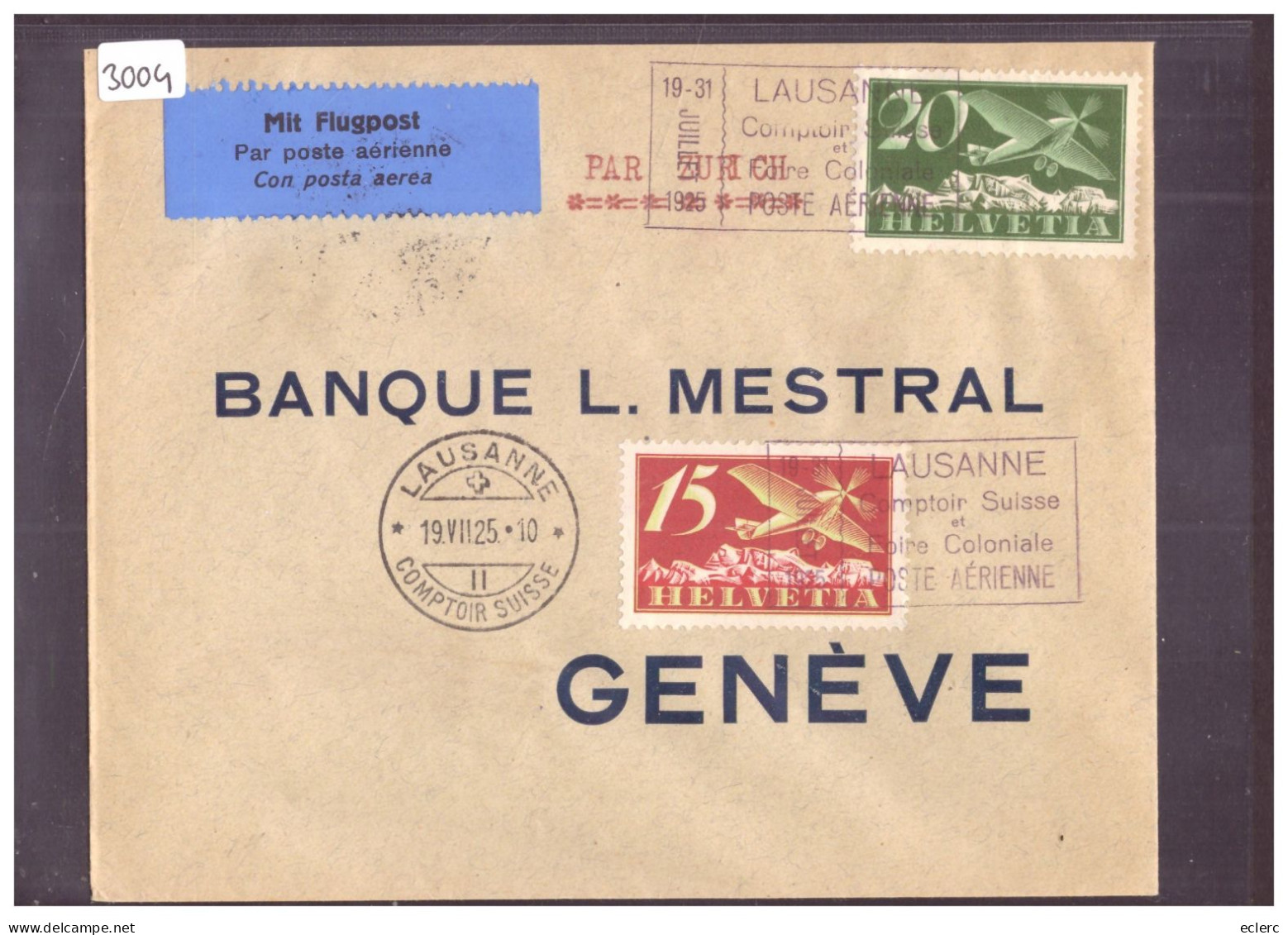 POSTE AERIENNE - LAUSANNE - VOL COMPTOIR SUISSE 1925 - - Autres & Non Classés