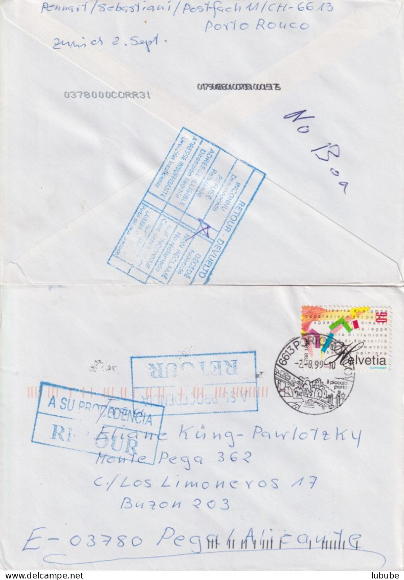 Ausland Brief  Porto Ronco - Alicante  (retourniert)       1999 - Briefe U. Dokumente