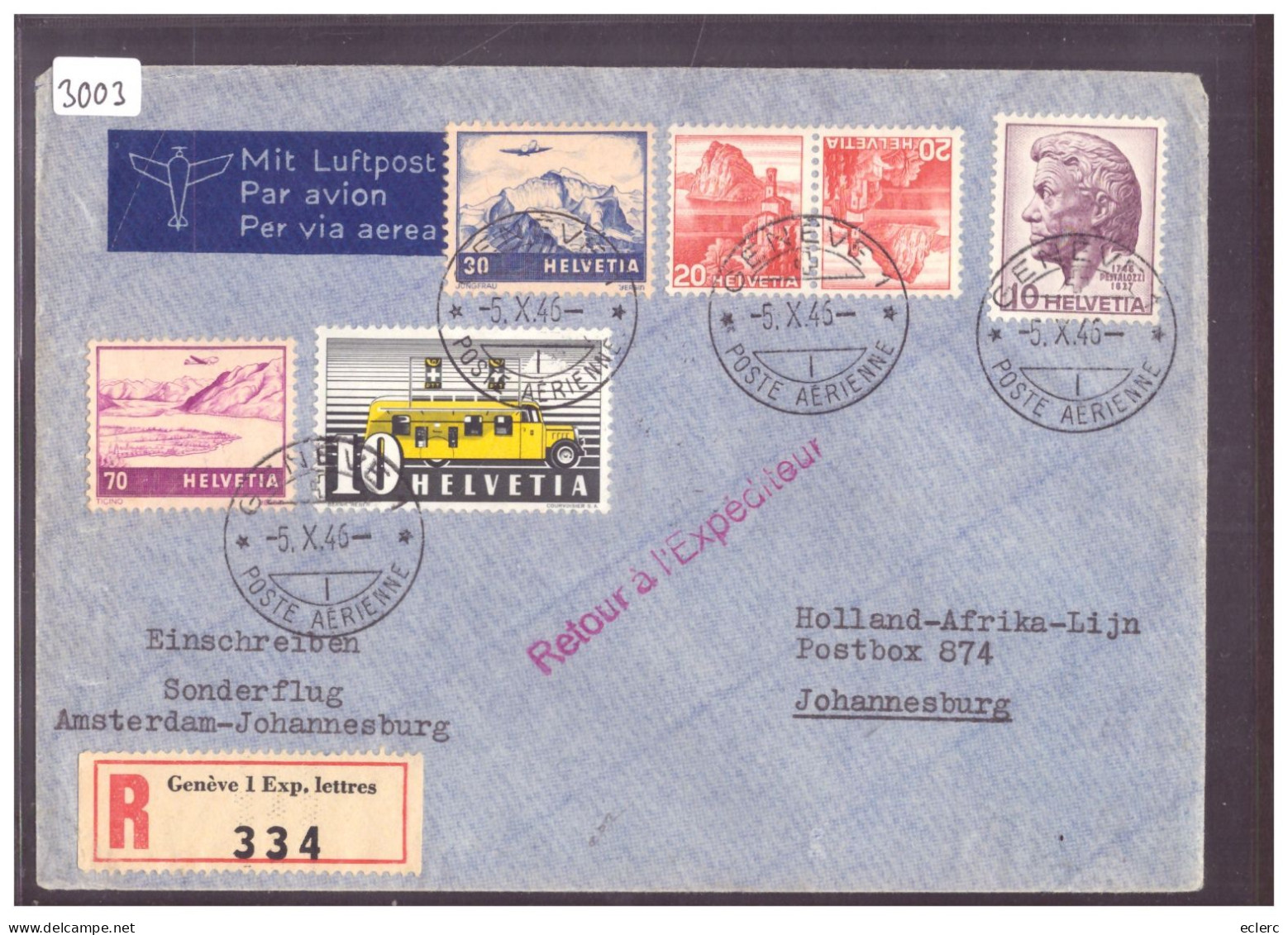 POSTE AERIENNE - GENEVE - VOL AMSTERDAM JOHANNESBURG 1946 - - Other & Unclassified