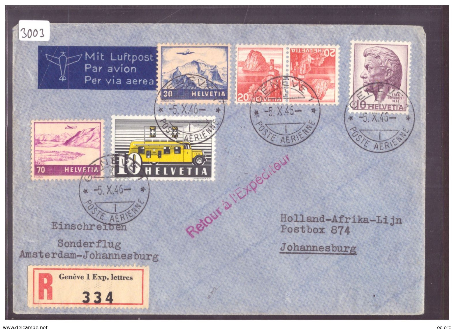 POSTE AERIENNE - GENEVE - VOL AMSTERDAM JOHANNESBURG 1946 - - Sonstige & Ohne Zuordnung