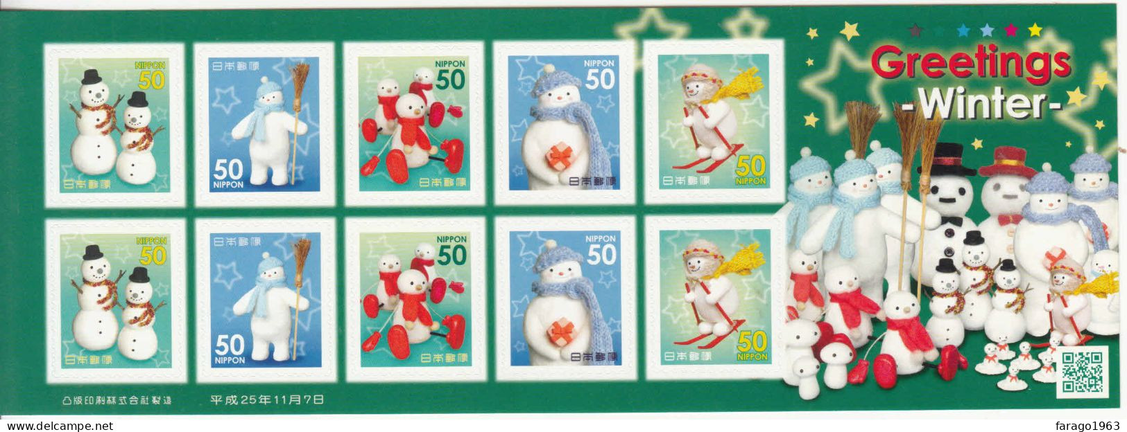 2013 Japan Greetings Winter Snowman  Miniature Sheet Of 10 MNH - Neufs