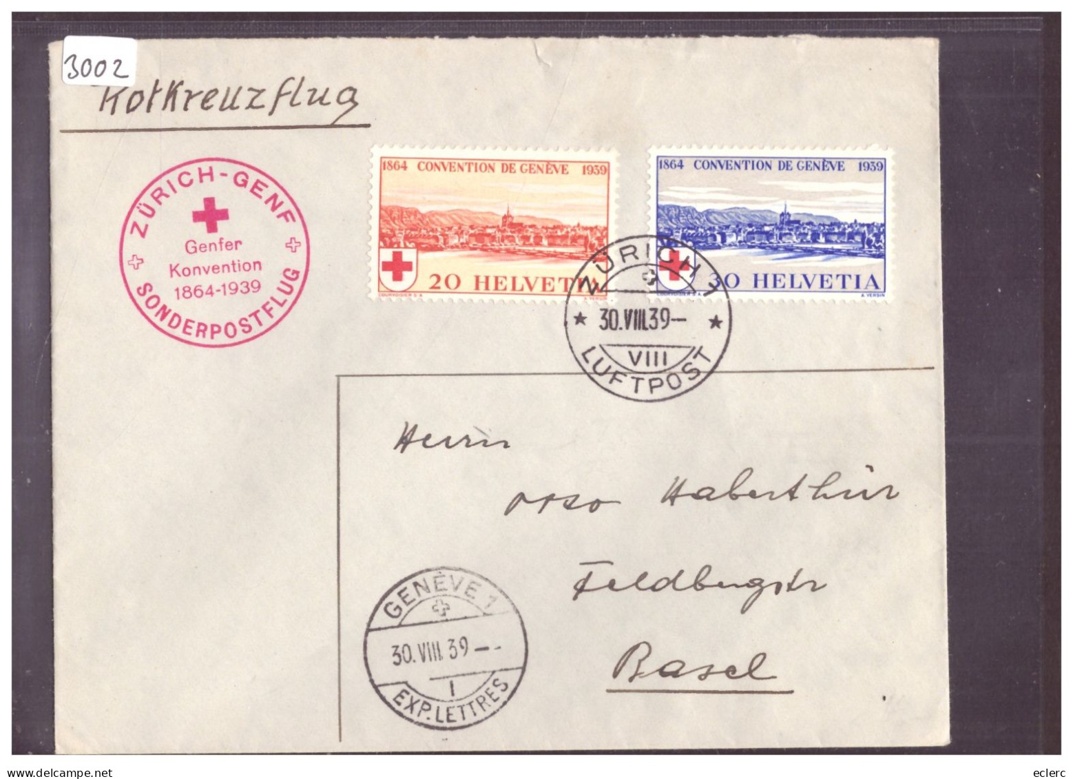 POSTE AERIENNE - ZÜRICH GENEVE - VOL ROTKREUZ 1939 - Other & Unclassified