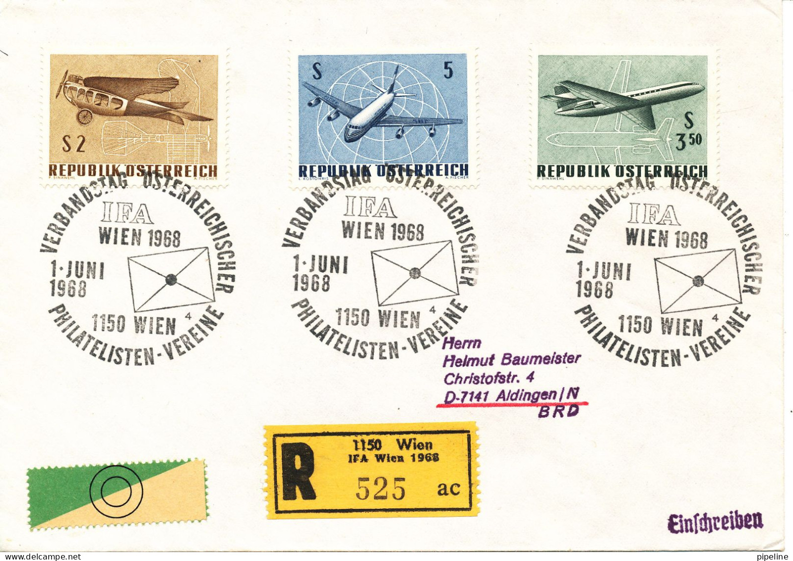 Austria Registered Cover Sent To Germany Wien 1-6-1968 With Complete Set Aeroplanes Special Postmark - Cartas & Documentos