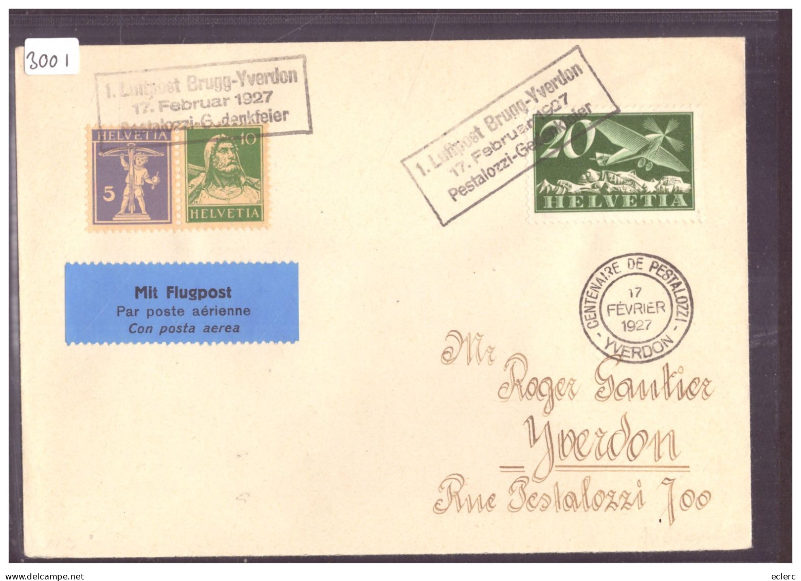 POSTE AERIENNE - BRUGG YVERDON 1927 - CENTENAIRE PESTALOZZI - TB - Altri & Non Classificati