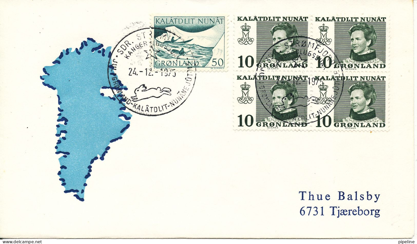 Greenland Cover With Special Christmas Cancel Sdr. Strömfjord 24-12-1975 Sent To Denmark - Lettres & Documents