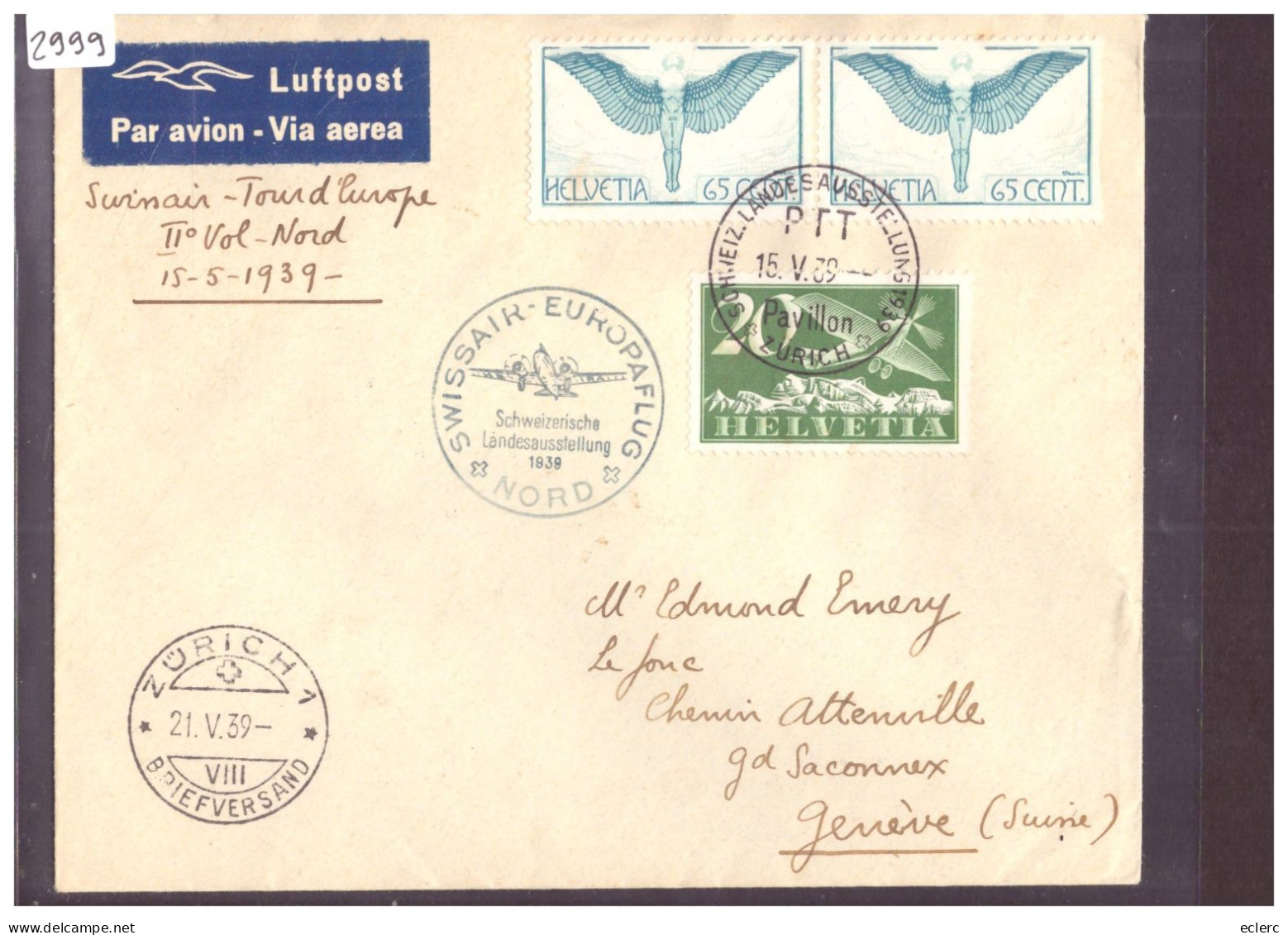 POSTE AERIENNE - SWISSAIR EUROPAFLUG 1939 - Sonstige & Ohne Zuordnung