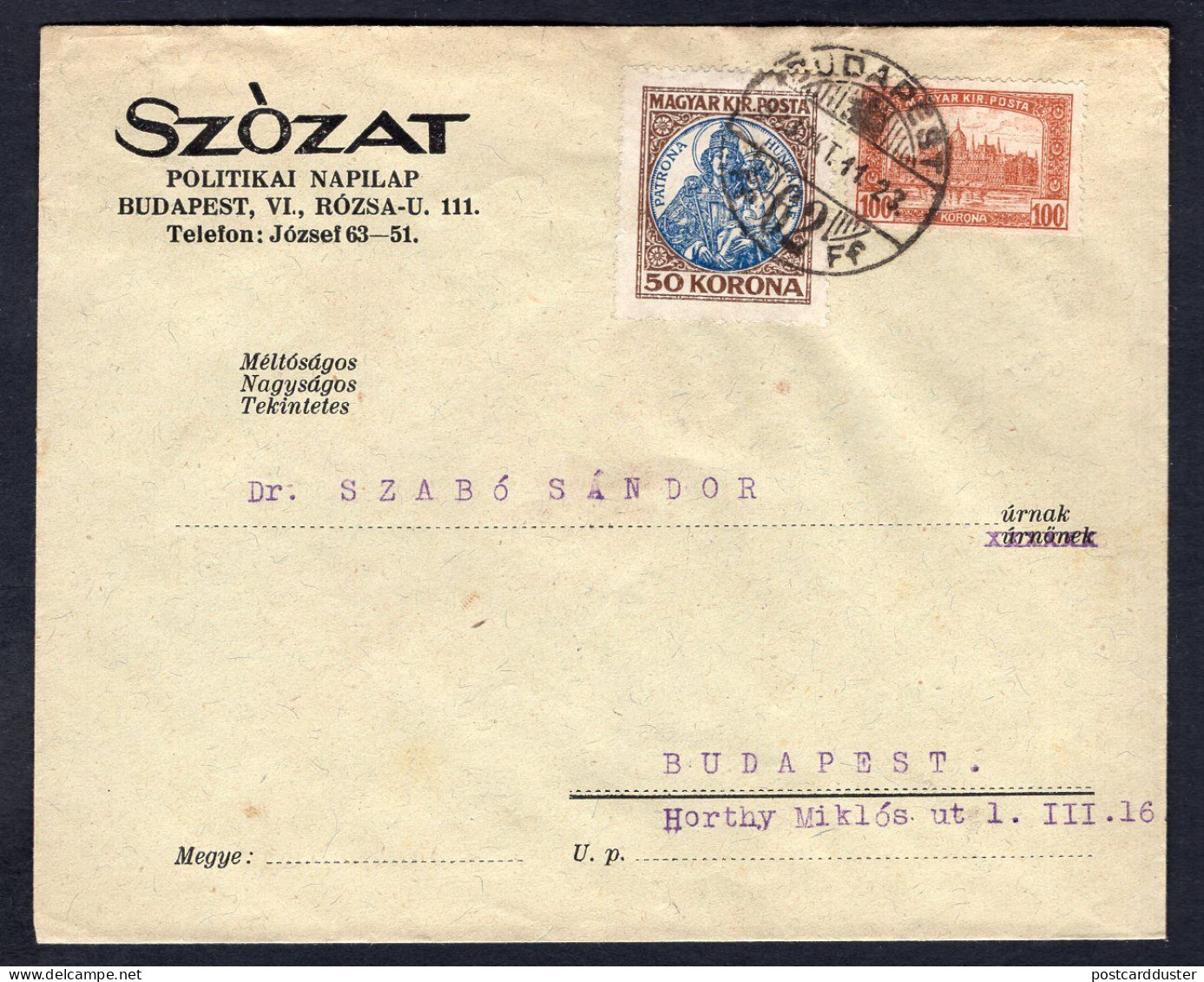 HUNGARY 1923 Domestic Cover. Budapest. Madonna Stamp (p3714) - Storia Postale