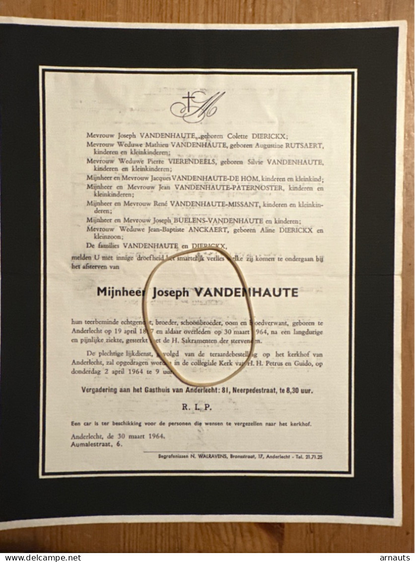 Joseph Vandenhaute *1897 Anderlecht +1964 Anderlecht Rutsaert Vierendeels Paternoster Missant Buelens Anckaert De Hom - Avvisi Di Necrologio