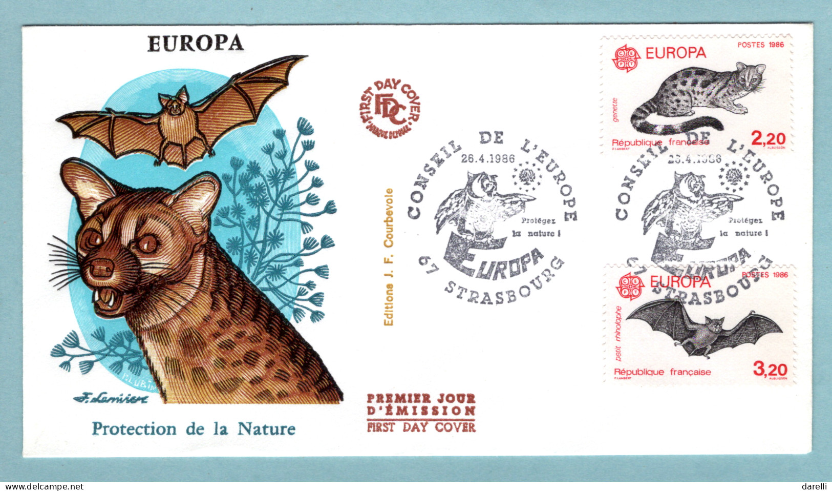 FDC France 1986 - Europa 1986 : Protection De La Nature YT 2416 Genette Et YT 2417 Petit Rhinolophe - Strasbourg - 1980-1989