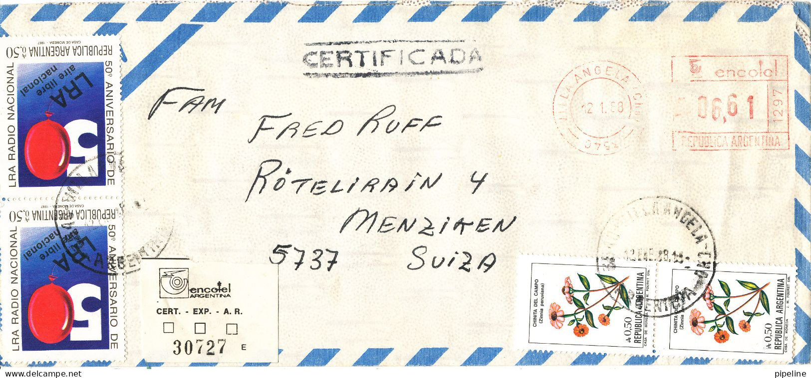 Argentina Registered Air Mail Cover Sent To Switzerland 12-1-1988 With Meter Cancel And Stamps - Poste Aérienne