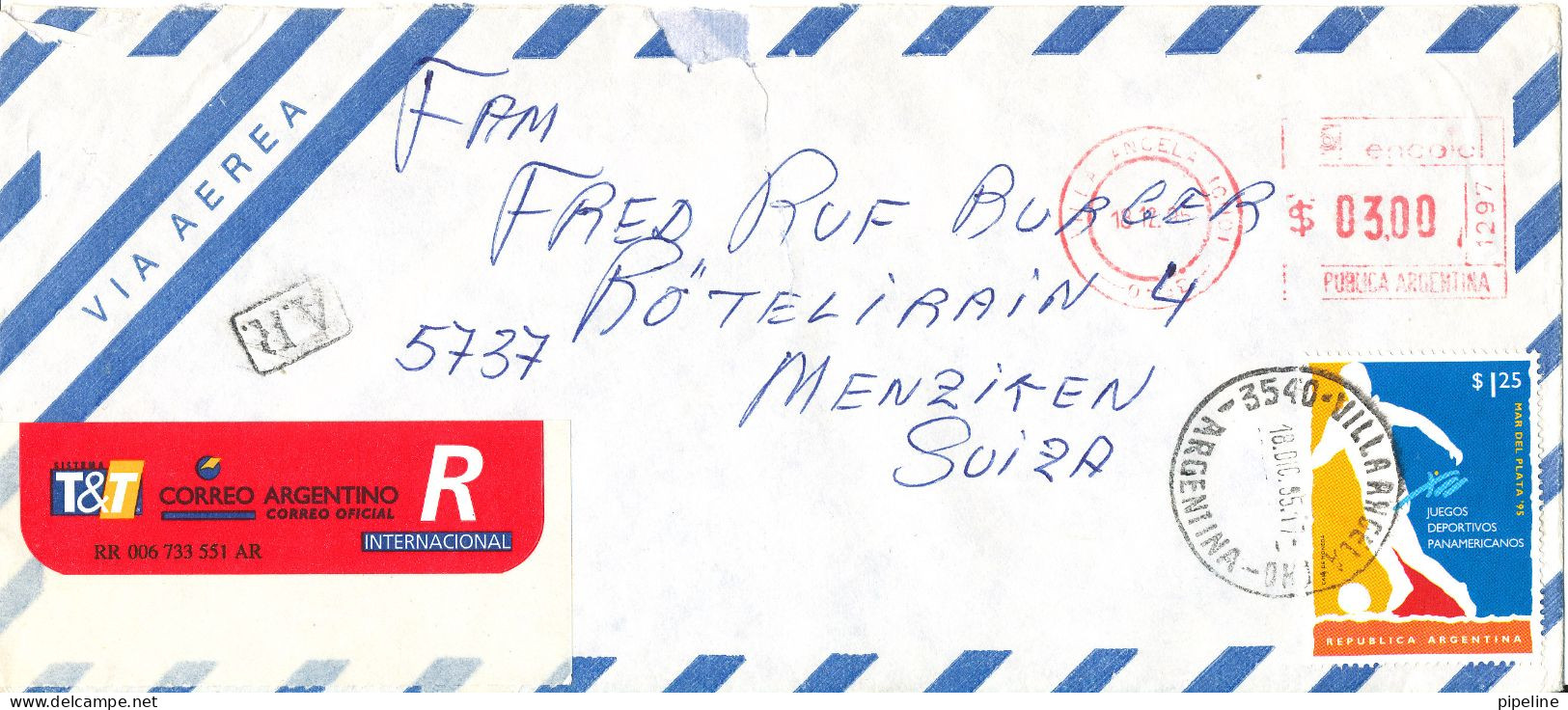 Argentina Registered Air Mail Cover Sent To Switzerland 18-12-1995 With Meter Cancel And A Stamp (a Tear At The Top Of T - Luftpost